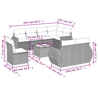 vidaXL Градински комплект диван с възглавници 9 части сив полиратан