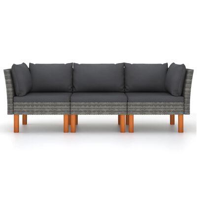 vidaXL 3-местен градински диван с възглавници, сив полиратан