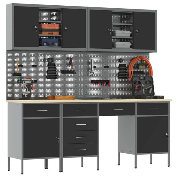 vidaXL Работен кабинет 10 pcs Черно Инженерна дървесина и стомана