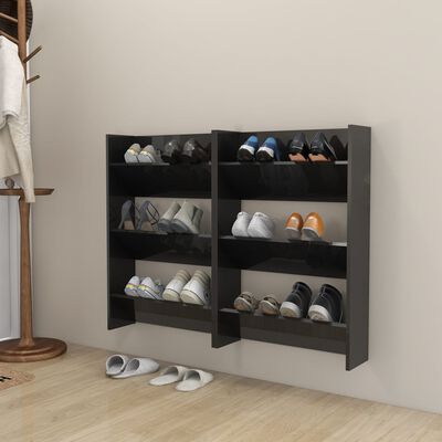 vidaXL Стенни шкафове за обувки, 2 бр, черен гланц, 60x18x90 см, ПДЧ