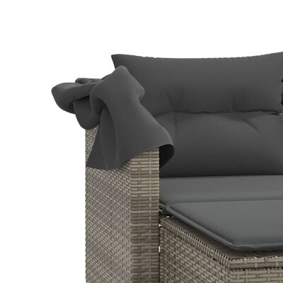 vidaXL 2-местен градински диван със сенник и табуретки сив полиратан