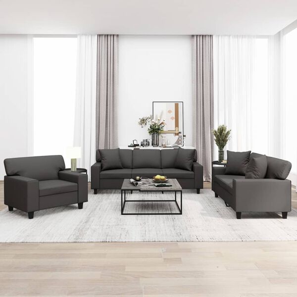 vidaXL Комплект мека мебел 3 части с възглавници сив изкуствена кожа