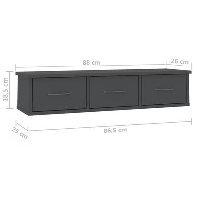 vidaXL Стенен рафт с чекмеджета, сив, 88x26x18,5 см, ПДЧ