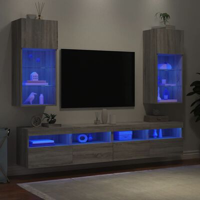vidaXL ТВ шкафове с LED осветление, 2 бр, сив сонома, 40,5x30x90 см