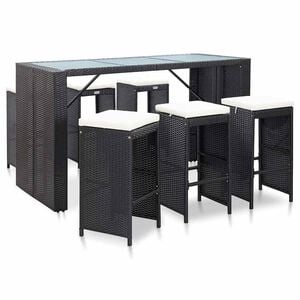 vidaXL Градински бар комплект с възглавници, 7 части, полиратан, черен