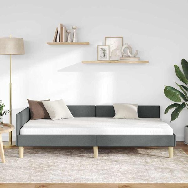 vidaXL Ъглова рамка за легло с таблото Тъмен сив 90 x 200 cm текстил