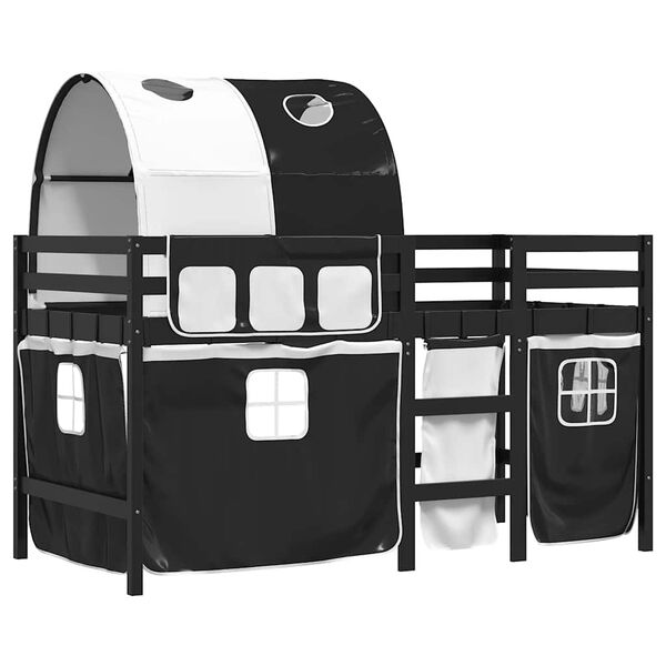 vidaXL Детско високо легло с тунел, бяло и черно, 90x200 см, бор масив