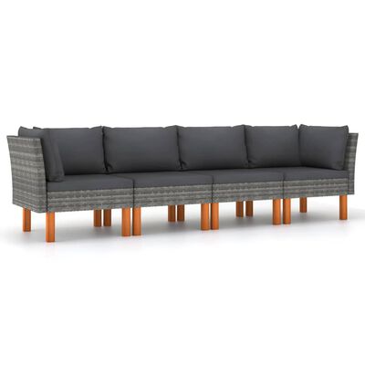 vidaXL 4-местен градински диван с възглавници, сив полиратан