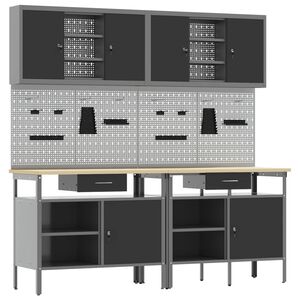 vidaXL Комплект работна маса с чекмедже с рафт 8 pcs Червен и сив