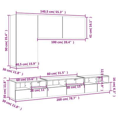 vidaXL ТВ стенни шкафове, 5 части, сив сонома, инженерно дърво