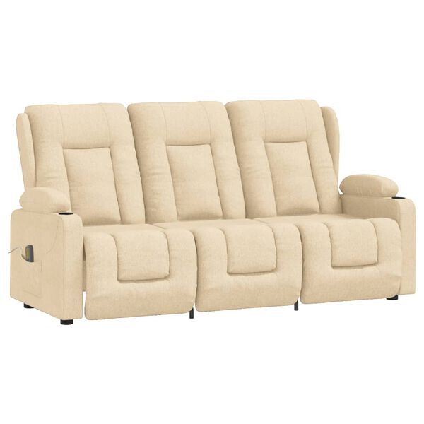 vidaXL 3-местен масажен реклайнер с държачи за чаши, кремав, текстил