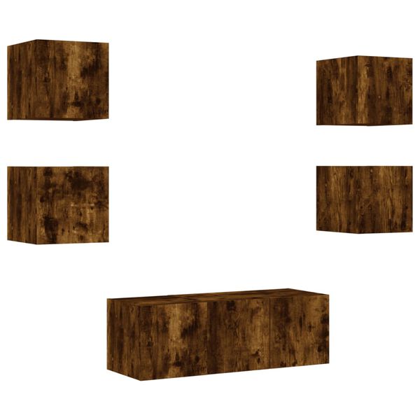 vidaXL ТВ стенни модули с LED, 6 части, опушен дъб, инженерно дърво