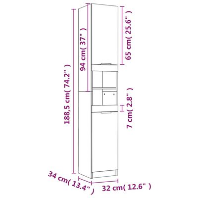 vidaXL Шкаф за баня, бетонно сив, 32x34x188,5 см, инженерно дърво