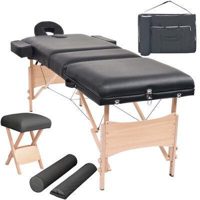 vidaXL Сгъваема масажна кушетка с 3 зони и столче, 10 см пълнеж, черна