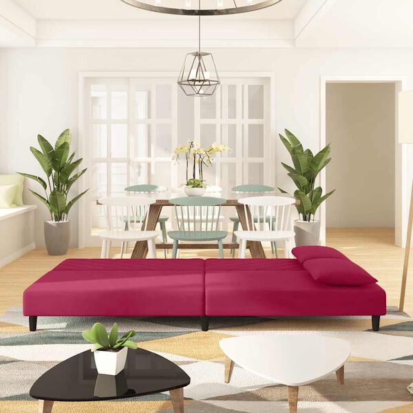 vidaXL 2-местно канапе с две възглавници, виненочервено, кадифе