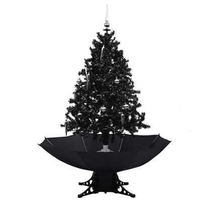 vidaXL Коледна елха с валящ сняг и основа от чадър, черна, 140 см, PVC