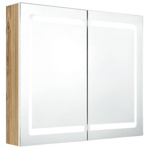 vidaXL LED шкаф с огледало за баня, бяло и дъб, 80x12x68 см