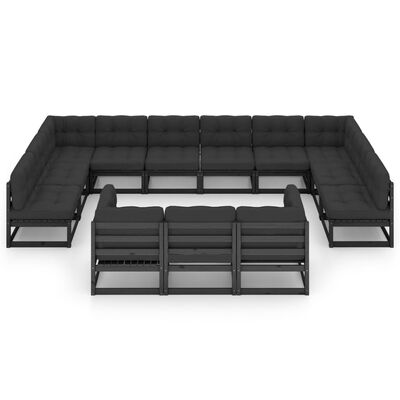 vidaXL Градински комплект от 13 части, с възглавници, черен, бор масив