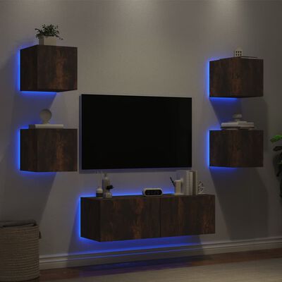 vidaXL ТВ стенни шкафове, 5 части, с LED светлини, опушен дъб
