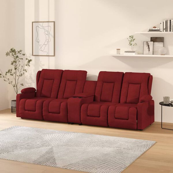 vidaXL 4-местен масажен реклайнер с държачи за чаши виненочервен плат