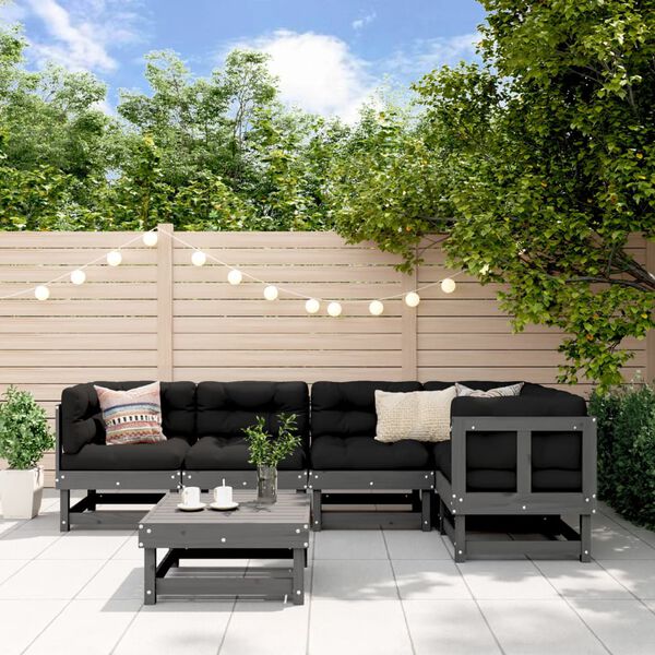 vidaXL Градински лаундж комплект, 6 части, сив, бор масив