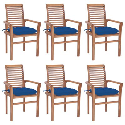 vidaXL Трапезни столове 6 бр със сини възглавници тиково дърво масив
