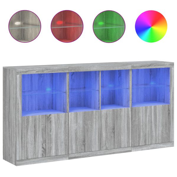 vidaXL Сайдборд с LED светлини, сив сонома, 202x37x100 см