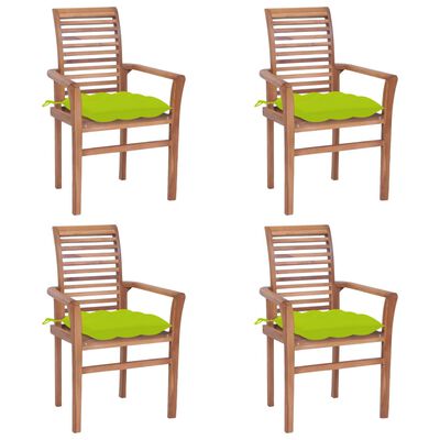 vidaXL Трапезни столове, 4 бр, с яркозелени възглавници, тик масив