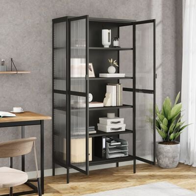 vidaXL Висок шкаф, черен, 85x40x180 см, стъкло и стомана
