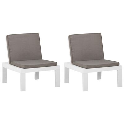 vidaXL Градински лаундж столове с възглавници 2 бр пластмаса бели