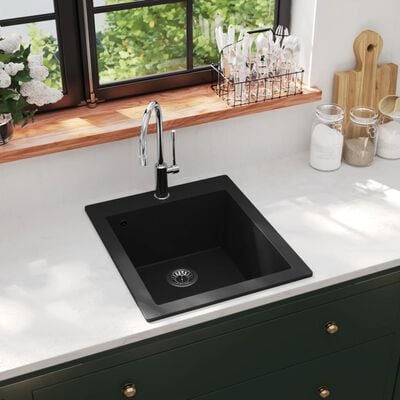 vidaXL Кухненска мивка за над плот, единична, черен гранит