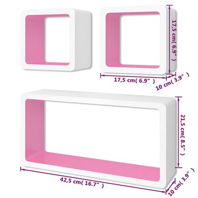 Стенни рафтове за съхранение на книги / DVD, МДФ, 3 бр, бяло/розово