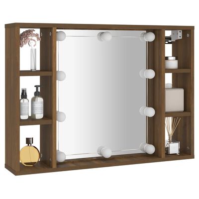 vidaXL Огледален шкаф с LED, кафяв дъб, 76x15x55 см