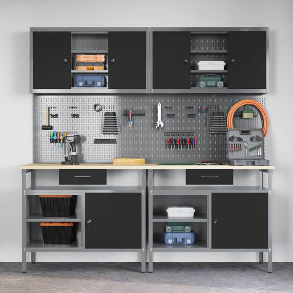 vidaXL Комплект работна маса 8 pcs Черно 200 x 55 x 200 см Стомана