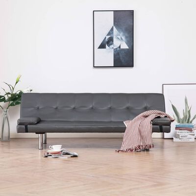 vidaXL Разтегателен диван с две възглавници, сив, изкуствена кожа