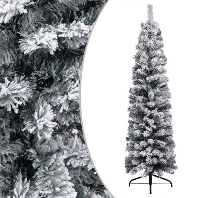 vidaXL Слим осветена коледна елха с флокиран сняг зелена 240 см PVC