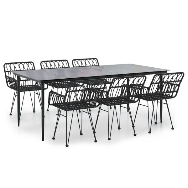 vidaXL Градински трапезен комплект от 7 части, черно, полиратан