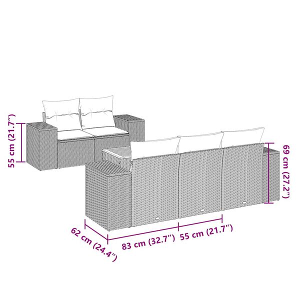 vidaXL Градински диван с възглавници, 6 части, черен, полиратан