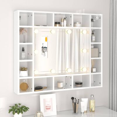 vidaXL Огледален шкаф с LED, бял гланц, 91x15x76,5 см