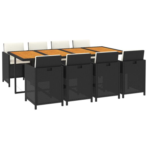vidaXL Градински трапезен комплект възглавници 9 части полиратан черен