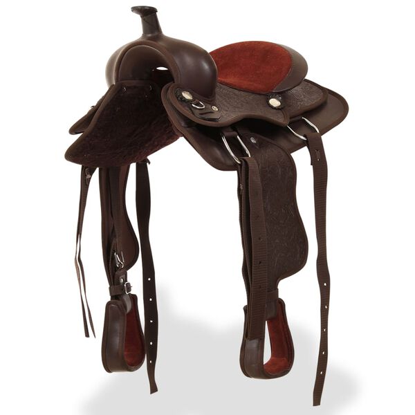 vidaXL Уестърн седло, оглавник и опас, естествена кожа, 13", кафяво
