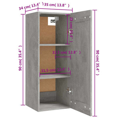 vidaXL Висящ шкаф, бетонно сив, 35x34x90 см, инженерно дърво
