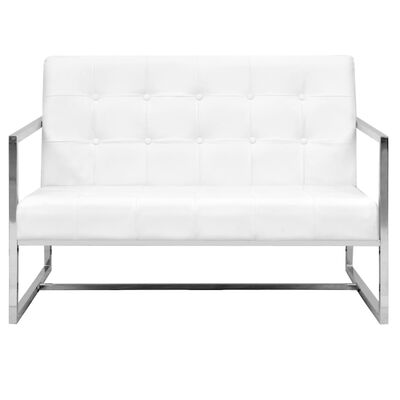 vidaXL Двуместен диван с подлакътници, изкуствена кожа, стомана, бял