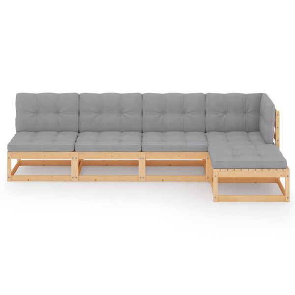 vidaXL Градински лаундж комплект, 5 части, с възглавници, бор масив