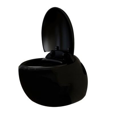 vidaXL Окачена яйцевидна тоалетна чиния, скрито казанче,черна керамика