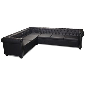 vidaXL Ъглов диван Честърфийлд, 6-местен, изкуствена кожа, черен