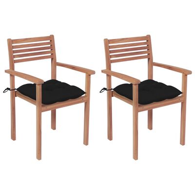 vidaXL Градински столове, 2 бр, черни възглавници, тиково дърво масив