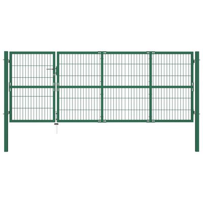 vidaXL Градинска оградна порта със стълбове 350x120 см стомана зелена