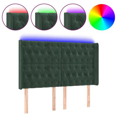 vidaXL LED горна табла за легло, тъмнозелена, 147x16x118/128см, кадифе