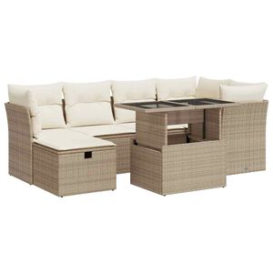 vidaXL Градински диван с възглавници, 7 части, бежов полиратан